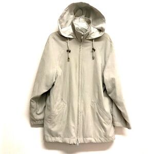 London Fog Sz M Petite Full Zip Hooded Jacket Coat Lined Drawstring Waist Beige